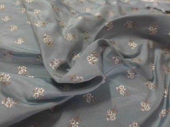 100% Silk Brocade~Miniature Scale~Tiny White Florals on Blue Background~19"x20"~Japan~KS101