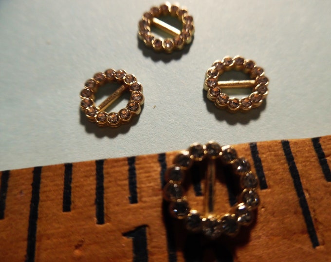 NEW STYLE! Tiny Rhinestone Doll Buckles~3/8" Round~Gold Setting~Set of 4~Great for Barbie!