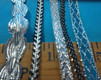 Trim Bundle~5 Styles~Metallic Silver~10 YDS Total~Ribbons/Braids