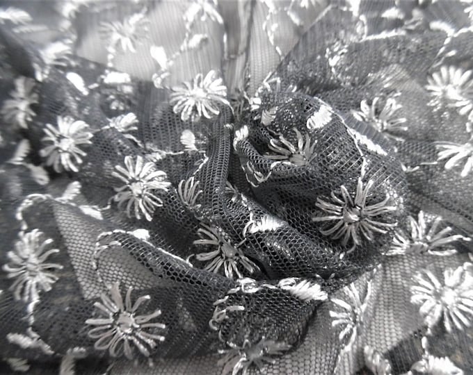 Soft Embroidered Netting~Nylon~Sheer~White floral on Dark Grey~12"x54"~Doll Fabric~Overlays~Flapper