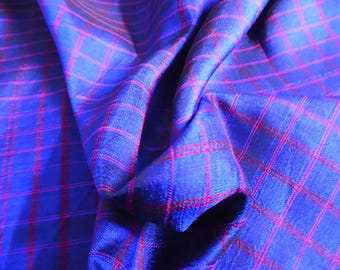 Vintage Sari Silk~Red & Pink Windowpane on Royal Blue~18"x20"~Miniatures/Dolls