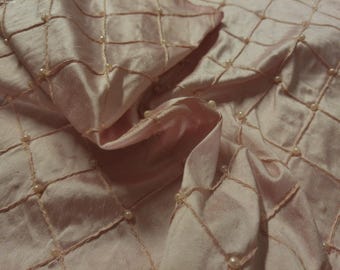 High End 100% Silk Dupioni~Baby Pink~Windowpane Design with Matching pearls.~13"x25"~Doll Fabric