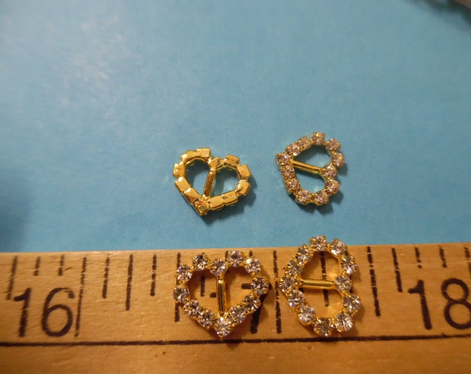 Heart Shaped Rhinestone Doll Buckles~Glass Stones/Gold Setting~7/16"x3/8"~Set of 4