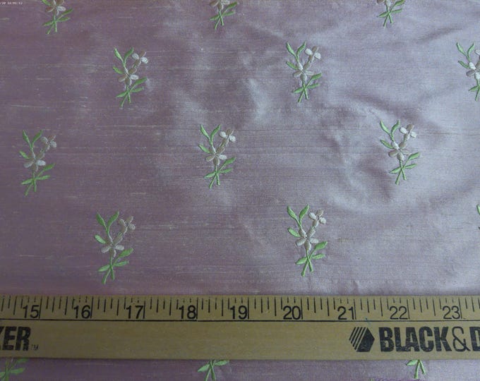 Embroidered Shantung Silk~Small Floral on Pink~12"x22"~Doll Fabric