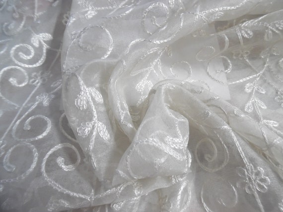 SPECIAL PRICE! Embroidered Silk Organza~Shades Off White~18"x44"~Sheer~Crisp~Doll Fabric