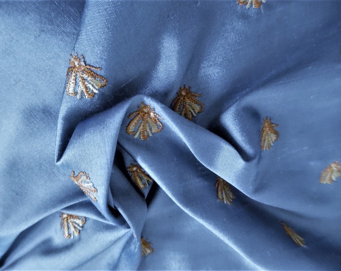 Embroidered Silk~Tiny Bees on French Blue~12"x27"~Doll Fabric~Neo Classical