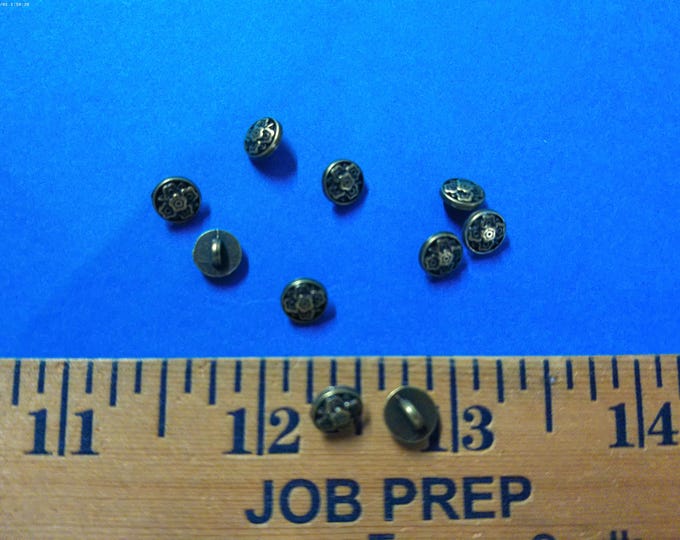 Tiny metal shank doll buttons~Floral Design~Antique Gold~7MM~Set of Ten~Modern, Antique & Vintage Dolls
