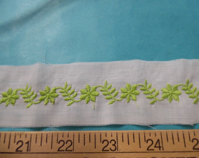 Embroidered Cotton Batiste Insertion~Chartreuse Green Floral on White~1.75"x 1 Yd
