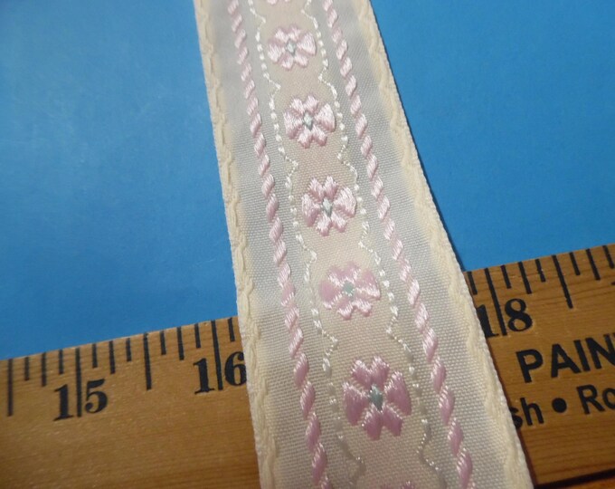 LAST! BASEMENT BARGAIN~1970's Embroidered Ribbon~Floral~Pink/Mint/Cream~1.5"Wide x 60"