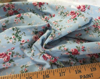 Imported Sateen Twill~Pink Rose Clusters on Light Blue~12"x31"