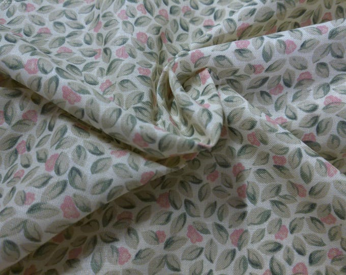 Cotton Twill Suiting Fabric~Tiny Leaf Print~Shades of Sage & Pink on Cream~12"x46"~Medium Weight
