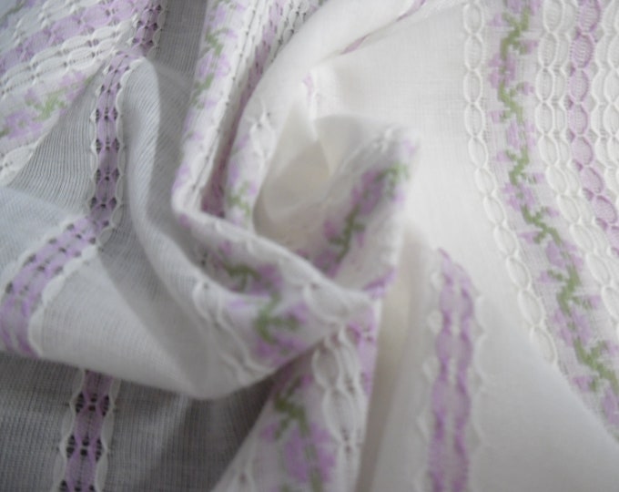 Vintage Cotton Voile~Open Weave/Embroidered Floral Stripe~Lavender/White~18"x47"~Doll Fabric