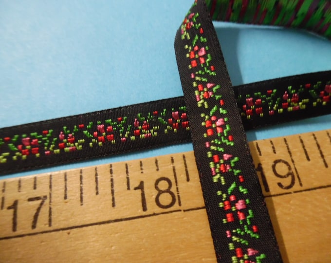 Embroidered Micro Floral Ribbon/Braid~Berry/Green/Black~3/8"x 2Yds~Doll Trim~Japan