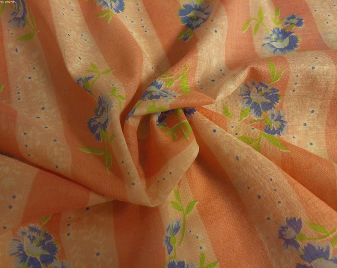 Vintage 1950's Cotton Voile~Floral Stripes~Pink/Blue/White~Soft~Sheer~18"x38"