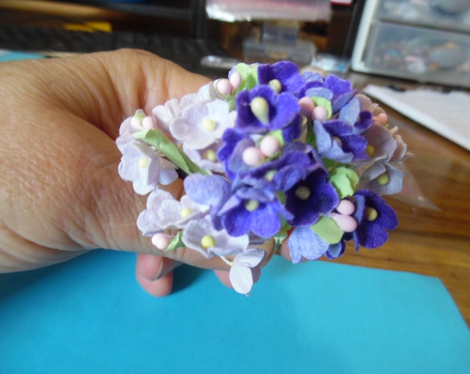Tiny Old Fashioned Flocked Flowers~Lavender/Purple Combo~8 Stems~Great For Doll Hats!