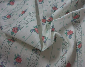 Vintage Cotton Lawn~Floral Stripes~Pink Roses/Aqua/Cream~12"x44"