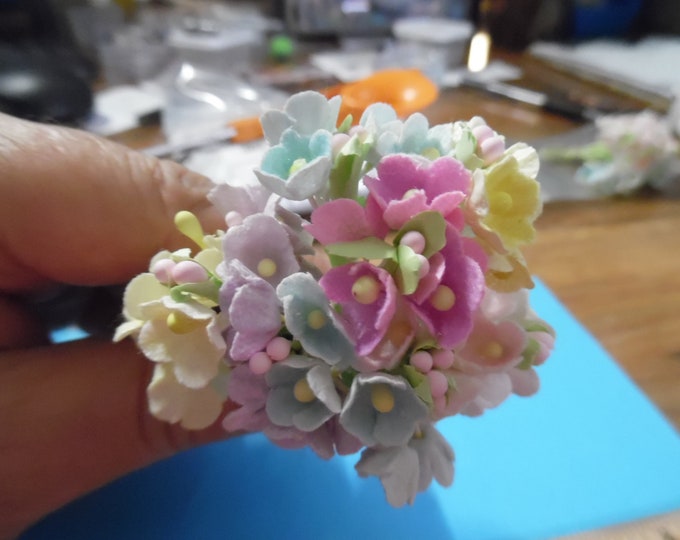Tiny Old Fashioned Flocked Flowers~New Pastel Combo~8 Stems~Great For Doll Hats!