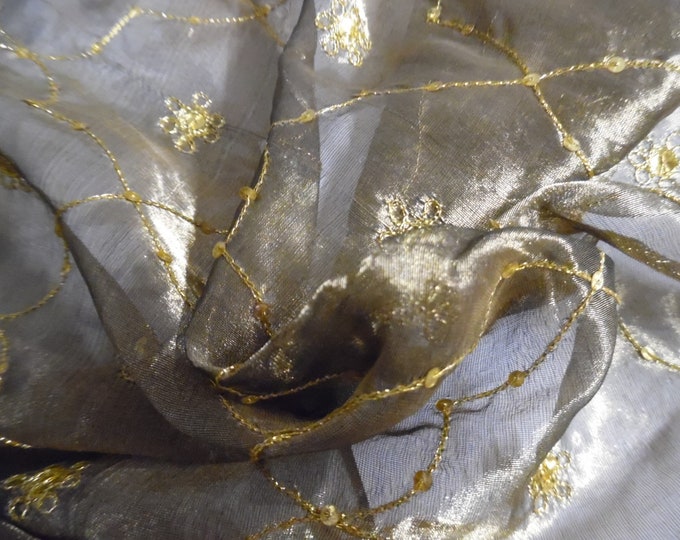 Embroidered Silk Organza~Shades of Gold~18"x44"~Sheer~Crisp~Doll Fabric