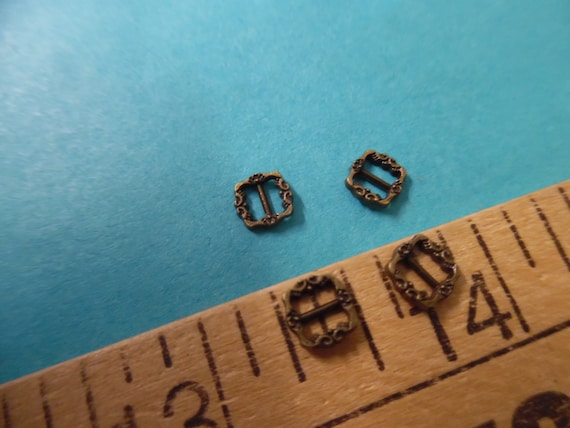 Tiny Metal Doll Buckles~5MM square~Georgian Style~Set of 4~Dark Antique Bronze~Antique, Modern, & Vintage Dolls