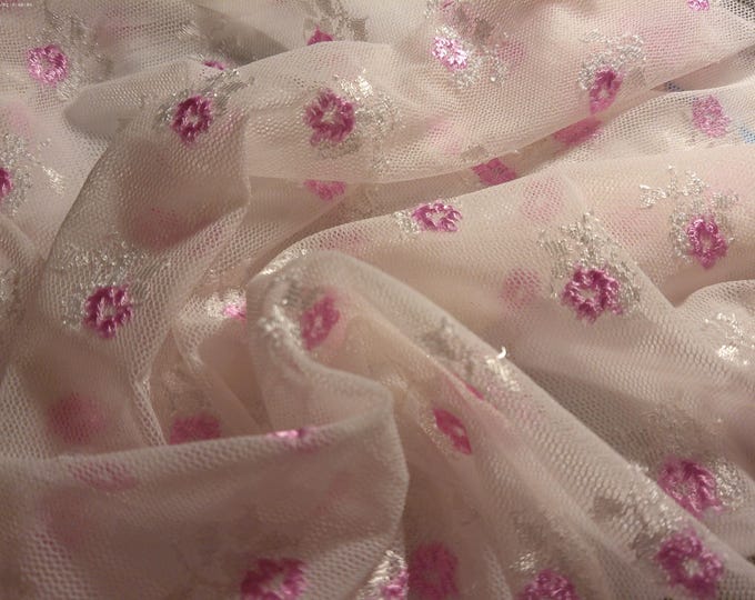 Soft Nylon Netting~Floral Embroidery~Pink and White~12"x46"~Doll Fabric~Great For Overlays
