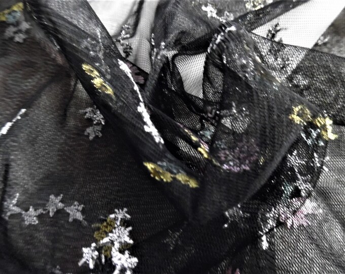 Embroidered Netting~Tiny Multi Colored Floral on Black Backgound~18"x30"~Doll Fabric~Great For Overlays~Flapper