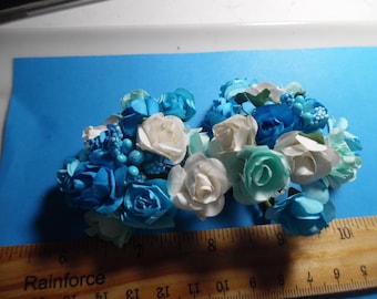 New Combo! Mulberry Paper Roses and Stamen Assortment~Shades of Aqua Blue~26 Pieces~Great For Doll Hats!