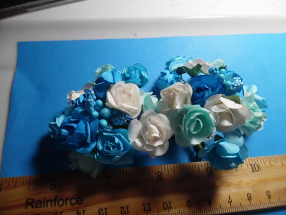 New Combo! Mulberry Paper Roses and Stamen Assortment~Shades of Aqua Blue~26 Pieces~Great For Doll Hats!