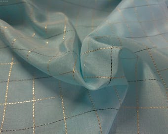 BASEMENT BARGAIN! Vintage Rayon Taffeta~Silver Windowpane on Aqua~25"x44"~IMPERFECT!