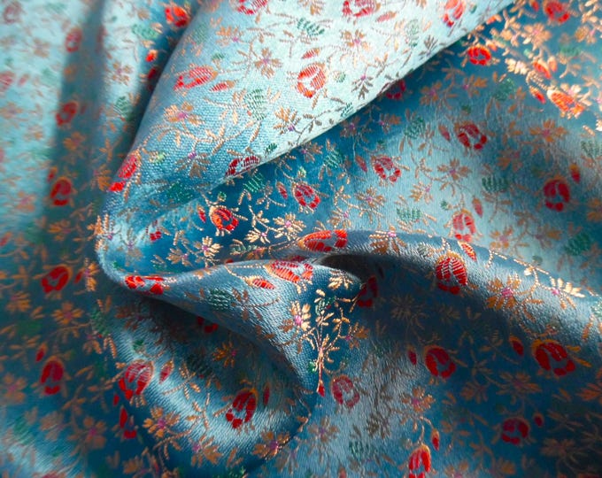 Natural Fiber Silky Brocade~Small Florals in Red & Gold on a Dark Aqua Background~12"x20"