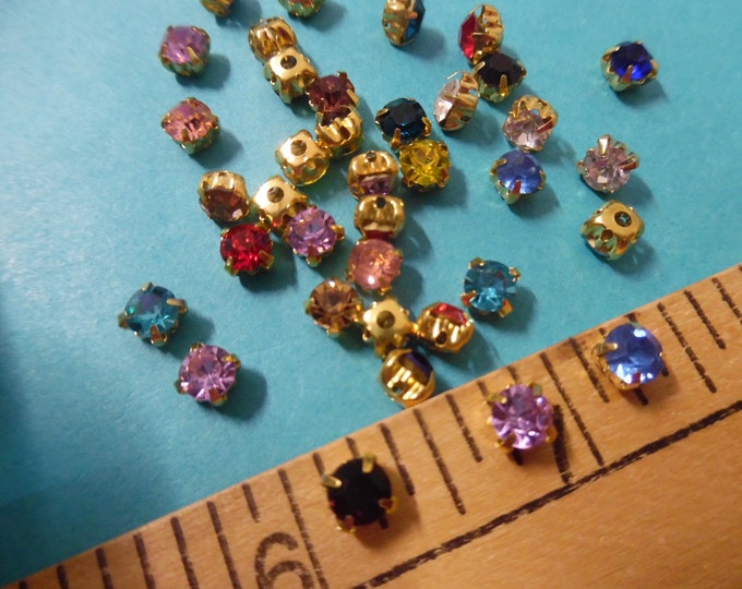 Multi Colored Rhinestone Buttons/Embellishments~Gold Setting~5MM~Set of 40~Great For Antique, Vintage and Modern Dolls