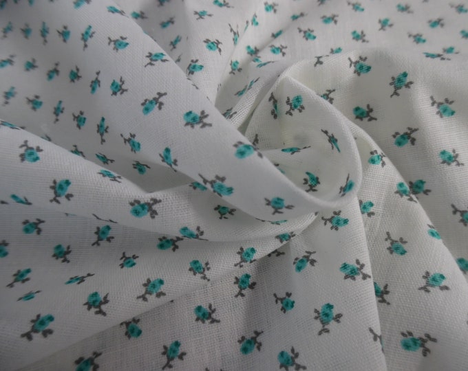 Vintage Cotton Voile~Micro Rosebud Print~Aqua/White~9"x45"~Great Doll Fabric~Slightly Crisp