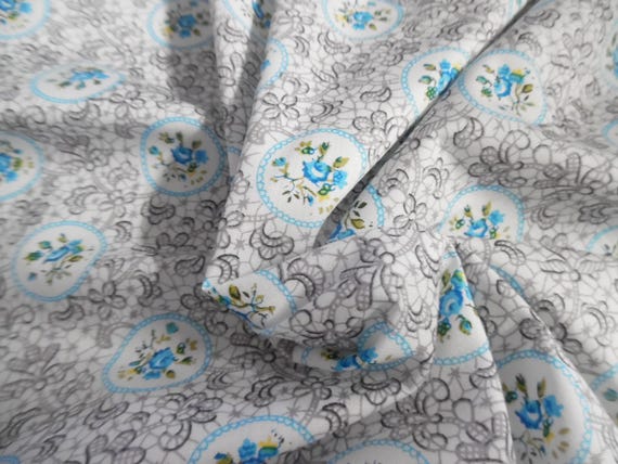 LAST! Cotton Lawn~Small Medallion Print~Aqua/Gray/White~22"x29"