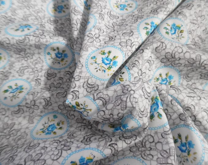 LAST! Cotton Lawn~Small Medallion Print~Aqua/Gray/White~22"x29"
