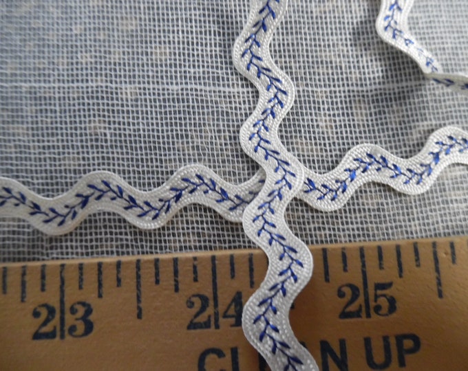 Old Stock Embroidered Wave Braid~Blue on White~100% Rayon~1/2"~BY THE YARD