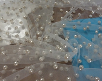 Studded Pearl Nylon Bridal Tulle Netting~White~18"x31"
