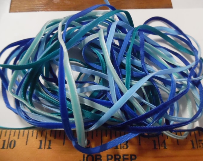 Tiny Velvet Ribbon (3MM) Assortment~Shades of Blue~5 Colors~10 Yards~Doll Dress and Hat Trim!