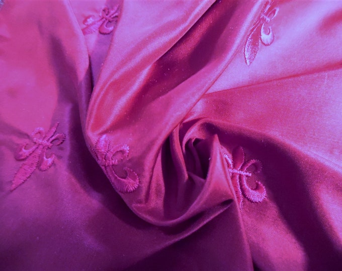 ALMOST GONE! Embroidered High End Silk~Fluer De Lis~Raspberry Pink~12"x27"~Doll Fabric