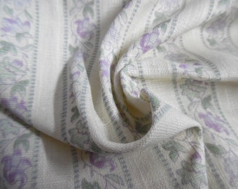 Vintage Floral Stripe Linen~Shades of Lavender, Green on Cream Background~18"x29"