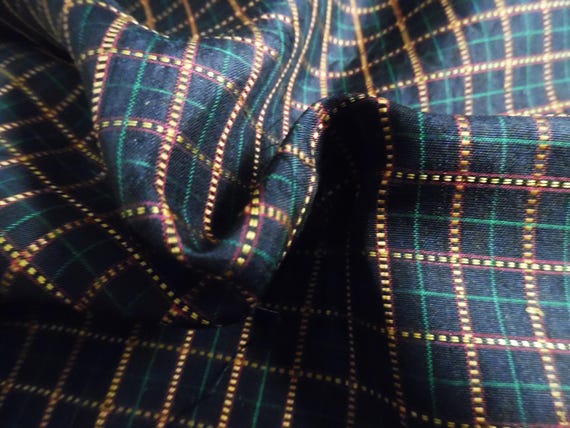 Vintage Sari Silk~Tiny Plaid~Gold/Green on Black~18"x20"~Miniatures/Dolls
