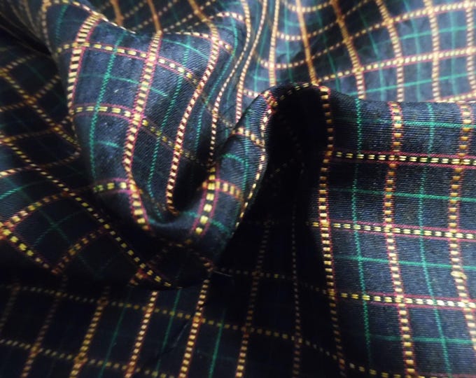 Vintage Sari Silk~Tiny Plaid~Gold/Green on Black~18"x20"~Miniatures/Dolls