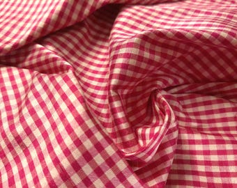 Silk Dupioni Taffeta~Small Gingham~Raspberry Pink & White~12"x27"~Doll Fabric
