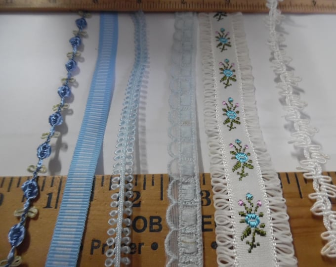 Trim Bundle~7 Styles~Shades Blue/White~14 YDS Total~Ribbons/Braids/Gimps