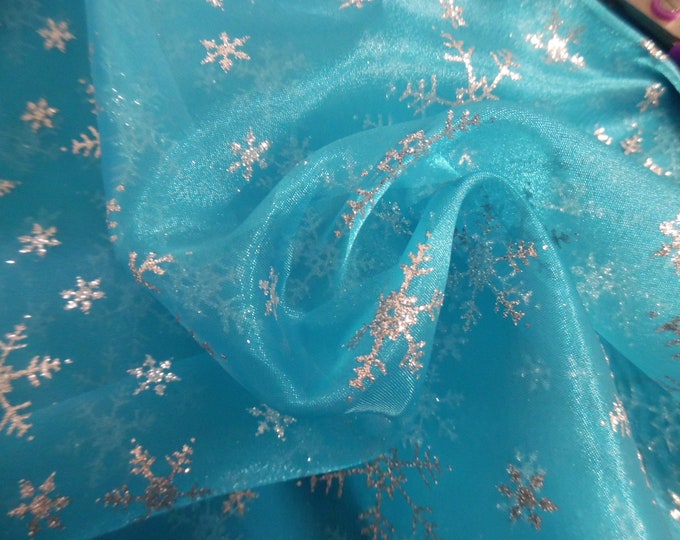 Novelty Organza~Silver Glitter Snowflakes on Azure Blue~18"x29"~Christmas Gowns!