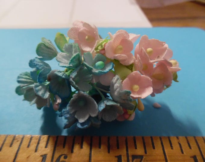 Tiny Old Fashioned Flocked Flowers~Pink/Blue Combo~8 Stems~Great For Doll Hats!
