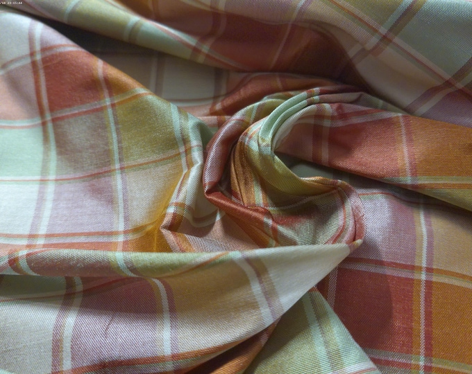 High End 100% Silk Dupioni~Small Plaid~Clay Pink/Green/Cream~18"x27"~Doll Fabric