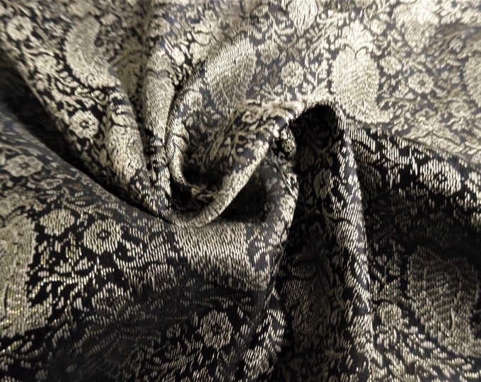 Jacquard Brocade~Light Weight~12"x44"~Jet Black/Pearl/Gold~Doll Fabric~Renaissance Costuming