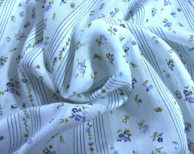 Vintage Cotton Voile~Floral Stripes~Shades of Purple on Light Blue Background~12"x44"~Semi Sheer
