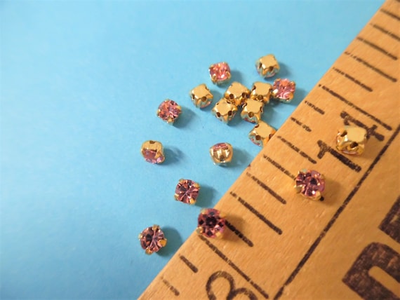 Tiny 3MM Rhinestone Buttons/Embellishments~Pink Glass with Gold Setting~Sew On~Set of 20~Doll~Flapper
