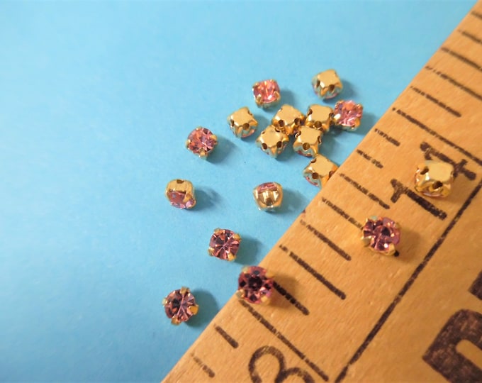 Tiny 3MM Rhinestone Buttons/Embellishments~Pink Glass with Gold Setting~Sew On~Set of 20~Doll~Flapper