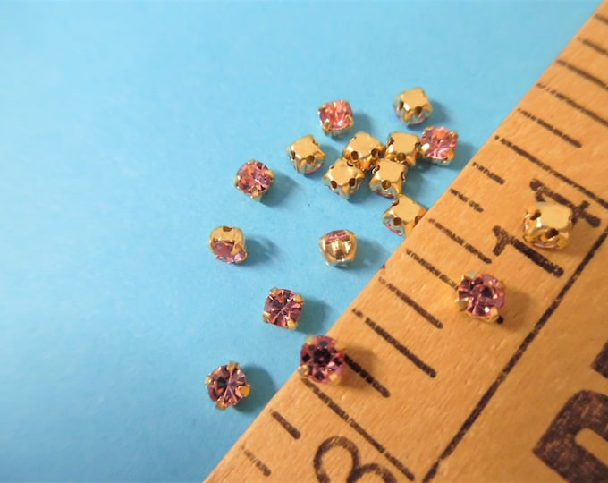 Tiny 3MM Rhinestone Buttons/Embellishments~Pink Glass with Gold Setting~Sew On~Set of 20~Doll~Flapper